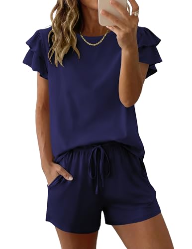 Image of Ekouaer Womens Pajama Sets 2 Piece Ruffle Sleeves Top and Shorts Pjs | Soft Sleepwear Cute Loungewear Set with Pockets for Sleep, Lounge, Wedding, Party, Bridal