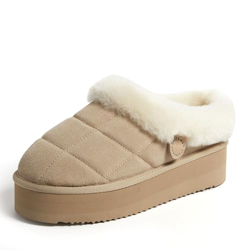 Dearfoams Women's Shearling Platform Slippers Bendigo Comfy Puff Plush Clog House Shoes