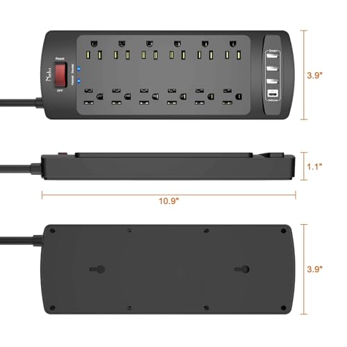 Image of Surge Protector Power Strip, Nuetsa 12 Outlets and 4 USB Ports, 6 Feet Extension Cord for Home, Office, Dorm Essentials, 2700 Joules, ETL Listed, Black
