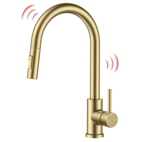 Image of FORIOUS Gold Touch Kitchen Faucet with Pull Down Sprayer, Single Hole Kitchen Sink Faucet with Deck Plate, Touch Activated, Single Handle High Arc Stainless Steel, Fit for RV Bar Farmhouse Laundry