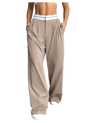 Floerns Women's Summer High Waist Suit Pants Pleated Wide Leg Business Casual Trousers