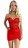 Satin Tight Homecoming Dresses Short Slit Strapless Sequin Bodycon Corset Lace Applique Mini Prom Dress 2025 Red 0