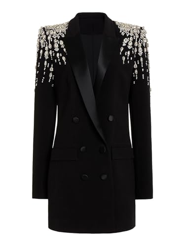 Women's Rhinestone Long Blazer Dress Jacket Luxury Handmade Diamond Satin Collar Double Breasted Women Suit Outfits