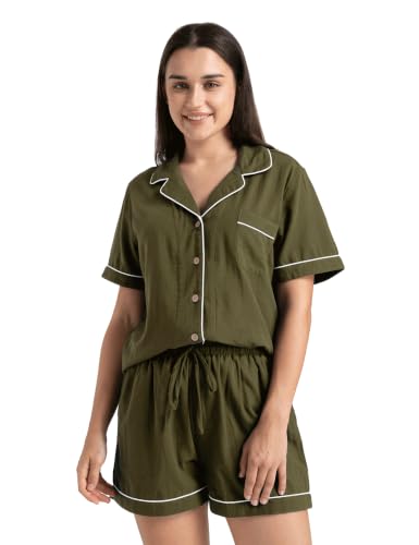Image of Womens Muslin Pajama Sets 100% Cotton Double Gauze Linen Like Short Pjs | Breathable Soft Comfort Button Up Loungewear Sleepwear PJ Set