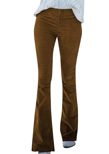 Yming Damen Schlaghose Vintage Hohe Taille Einfarbige Hose Legere Cordhose Mit Taschen Braun XXL