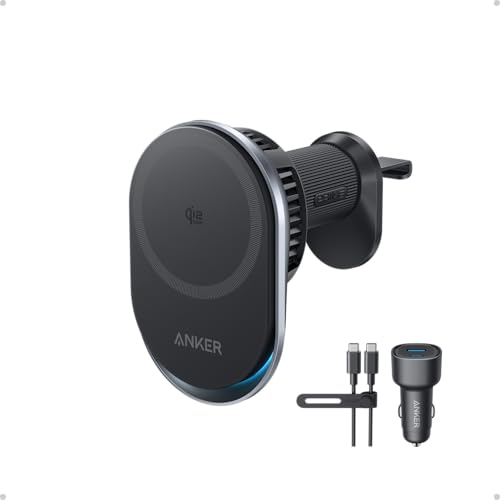Anker Prime Magsafe Kfz-Ladegerät Qi2 25W zertifiziertes kabelloses Autoladegerät mit TEC-Aktivkühlung Starke Magnete Lüftungshalterung für iPhone 1712 (Lüftungskompatibilität prüfen) 60W Adapter