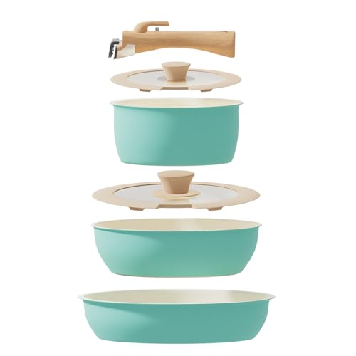 ShanSon 6 Pieces Kitchen Non-Stick Cookware Sets with Removable Handle, Stackable Pots and Pans Set Nonstick for Induction Gas RVs Camping Space Saving，Green by ShanSon - Used condition - US$38.29