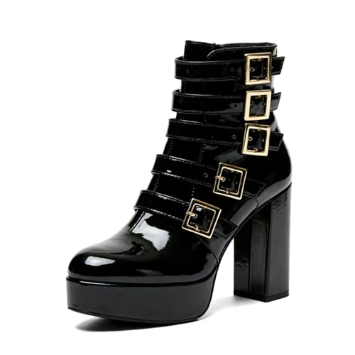 Wansseny Women Chic Round Toe Multiple Strap Buckles Platform Ankle