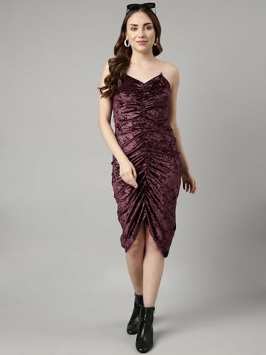 Image of SHOWOFFFF Women Solid Bodycon Party Dress | Sweetheart Neck Sleeveless Velvet Dress for Womens | Knee Length Dress for Women's