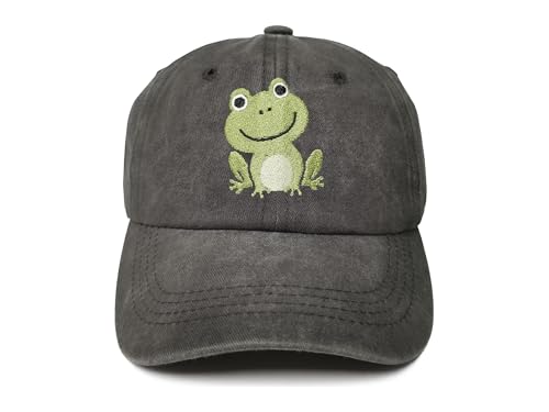 ZKFE Embroidered Cute Frog Hat for Kids Boy Girl, Washed Black Child Adjustable Snapback Cap Embroidery Cotton Dad Hat