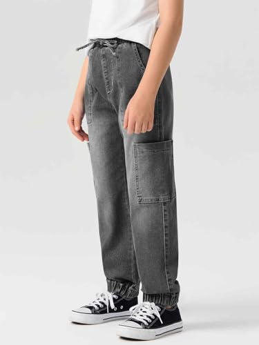 Haloumoning Boys Denim Cargo Pants Kids Elastic Waist Stretch Cargo Jeans with Pockets 5-14 Years3