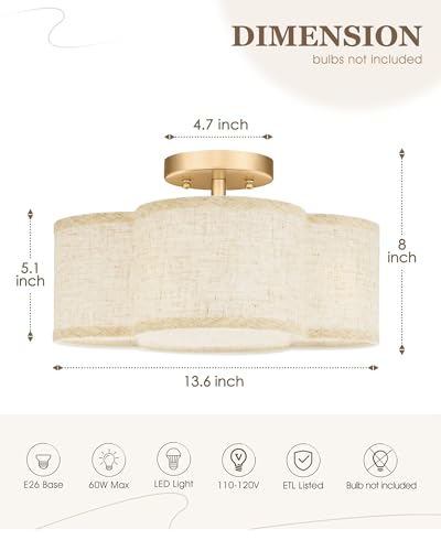 Image of Gold Semi Flush Mount Ceiling Lights, 4-Light 14 inch Gold Light Fixtures Ceiling Mount with Fabric Shade in Quatrefoil Shape, Drum lighting fixture for Nursery Bedroom Kitchen, AD-22007-4SF-GD-B