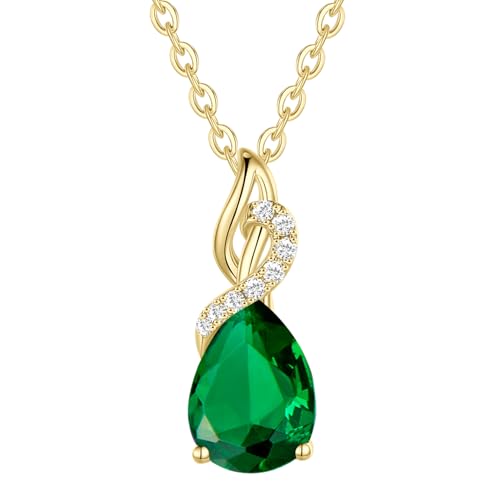 FANCIME Emerald Necklace 14K Solid Yellow Gold Teardrop Pendant with