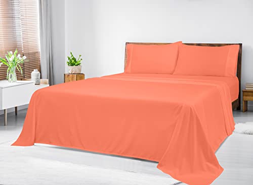 Royale Linens - 4 Piece Full Bed Sheet - Soft Brushed Microfiber 1800 Bedding Set - 1 Fitted Sheet, 1 Flat Sheet, 2 Pillow Case - Wrinkle & Fade Resistant Luxury Full Size Sheet Set (Full, Coral) #TOP7