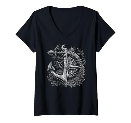 Femme Boussole et ancre bateau océan mer rétro vintage marin T-Shirt avec Col en V