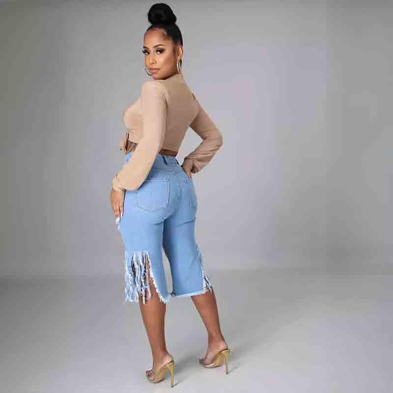 Women's Ripped Elastic Tassel Jeans, Street Trend, Tight Fitting, high Waisted mid Length Pants2