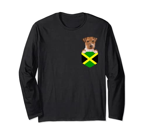Jamaica Flag Russell Terrier Dog In Pocket Long Sleeve T-Shirt, Black