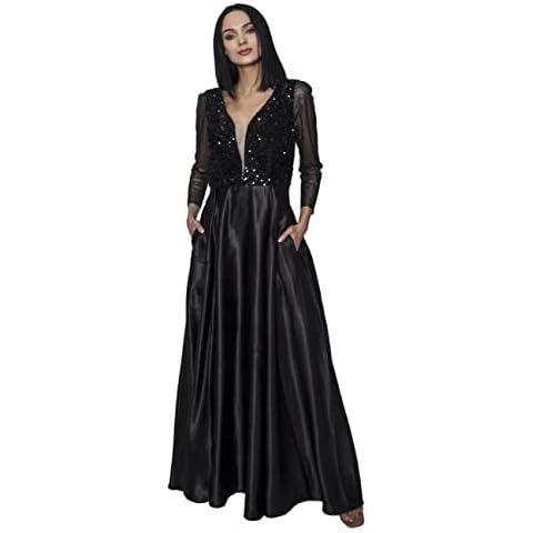 ZRSGXG Sequin Mermaid Prom Evening Party V-Neck Long Sleeve Satin Split Dress, Black, Large Cover