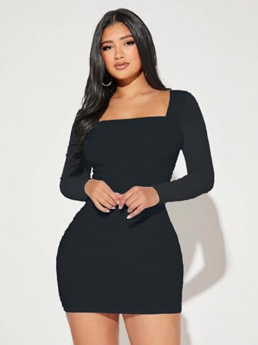 MOEENCN Women's Sexy Mesh Dress Square Neck Long Sleeve Ruched Printed Bodycon Party Club Cocktail Mini Dresses3
