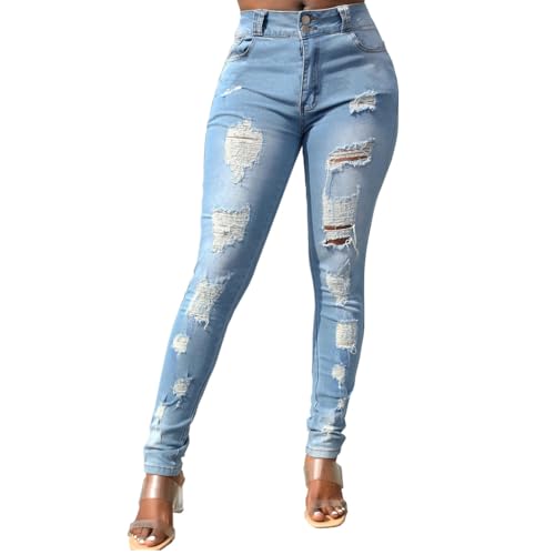 Women's Summer High Waisted Ripped Jeans Tight Fitting Stretchy Comfortable Casual Pencil Pants