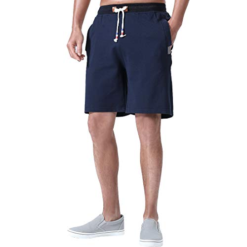 FoxQ Short masculino com bolsos com zíper, solto, casual, esportivo, cintura elástica, cordão, Azul