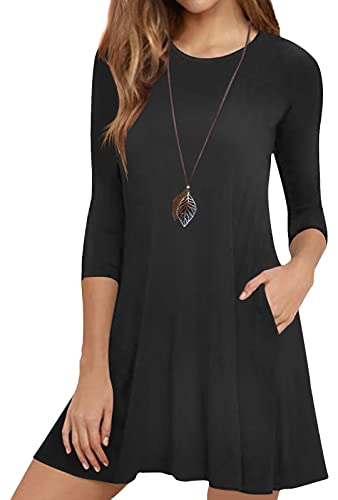 Image of Womens Casual 3 /4 Sleeve Dresses Aline Crewneck Spring Tshirt Dress with Pocket
