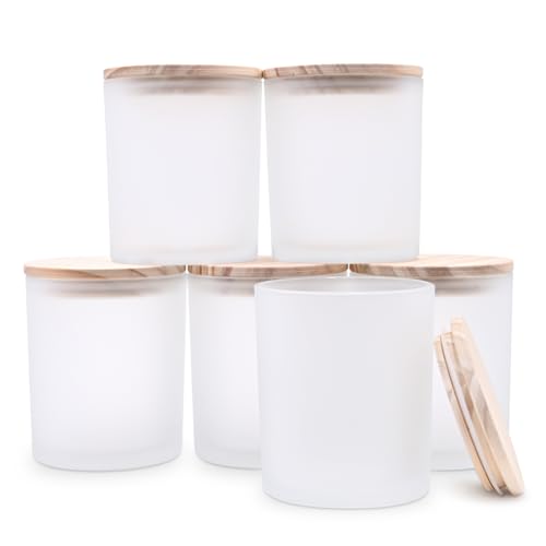SHOWIN Tarros de vela gruesos de 14 onzas para hacer velas, 6 unidades, tarros vacíos con tapas de madera para tarros de especias, recipiente de muestra, blanco esmerilado