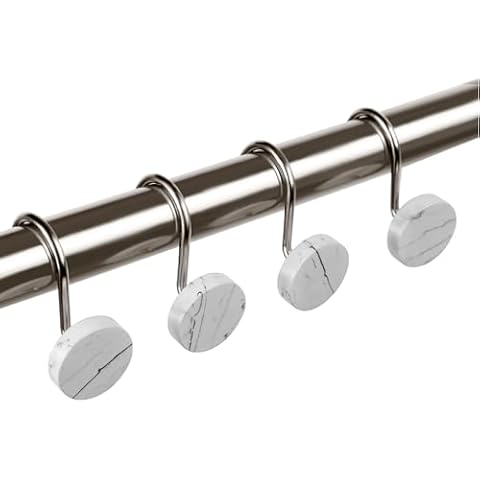Nickel Shower Curtain Hooks,Metal Shower Curtain Hooks Rust Proof,Marble Decorative Shower Curtain Rings,Set of 12 Heavy Duty Shower Hooks,Easy to Slide Hooks for Bathroom Hanging Cover