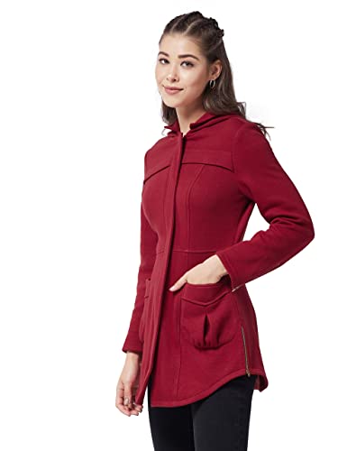 Image of Miss Chase Polyesterblend Women Hooded Full Sleeve Solid Longline Jacket