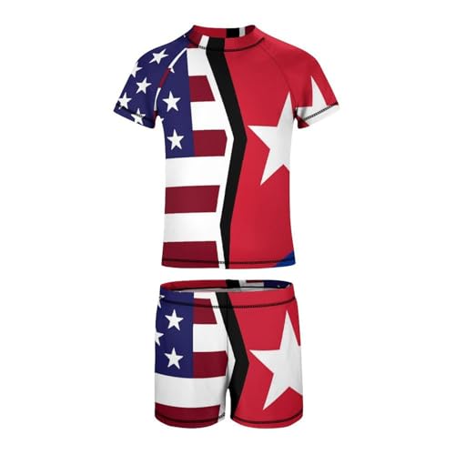 American and Cuban FlagChildren's Casual Swimsuit Set - Simple and Versatile10-12Y（150cm）2