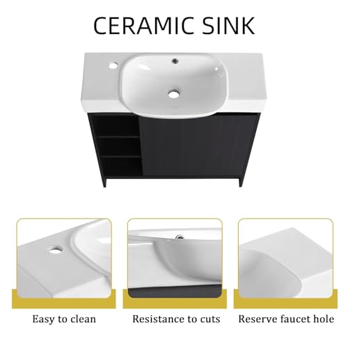 Image of 30 inch Freestanding Bathroom Vanity with Integrated Ceramic Sink, Floor Mount Bathroom Cabinet with 3 Open Shelves & Soft Close Door, Modern Small Bath Vanity Set, Easy to Clean, Dark Oak