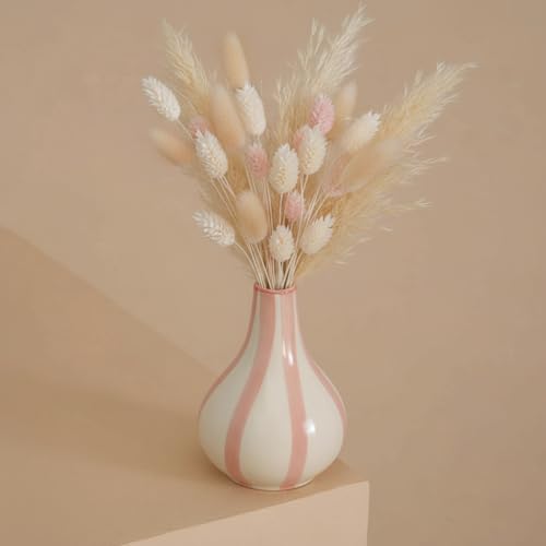 Image of PUREZENTO Pink & White Striped 'Tulip Bud' Ceramic Vase 6 Inch (Pack of 1) | Unique Modern Bud Vase for Dried Flowers & Pampas Grass | Vases for Modern Home Decor, Living Room & Office Decor Ideas
