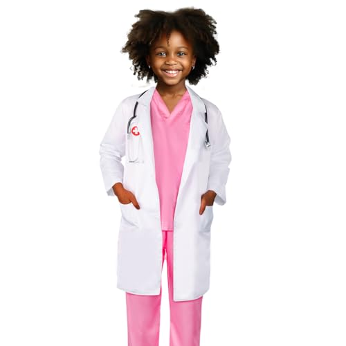 Meland Doctor Costume for Girls - Kids Scrubs with Lab Coat & Carry Bag, Doctor Dress Up for Halloween, Career Day Role Play
