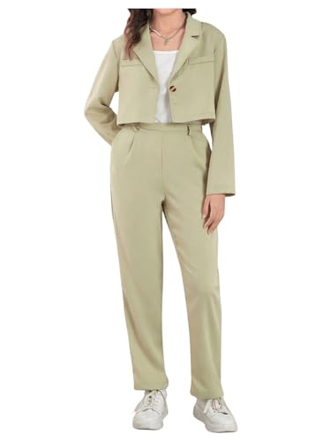 Milumia Jaqueta e calça blazer cropped de manga comprida para meninas, Verde, 13 Anos