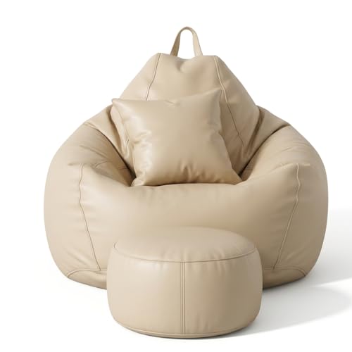 Image of 5XL Premium Leatherette Bean Bag with Rectangular Footrest & Cushion | High Density EPS Beans Filled | Teardrop Shape with Handle | 6 Months Warranty (Cream, 5XL Combo Pack, Solid)