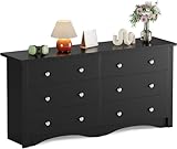 Flamaker 6 Drawer Dresser Chests for Bedroom, Storage Dressers Organizer with Anti-Tilt Devices, Modern Wide Wood Chest of Drawers for Living Room Hallway Entryway (Black)