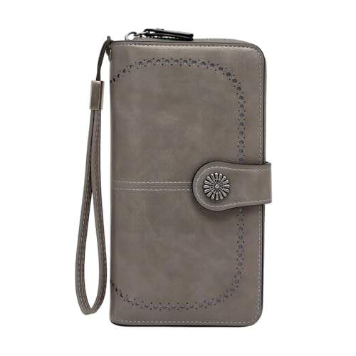 Wallet for Women RFID Blocking Leather Clutch Long Purse Large Capacity Credit Card Holder Wristlet (Gray)