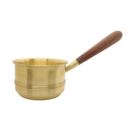 Image of Arra Brass Tea Pan with Wooden Handle - 750 ml | Induction Ready Saucepan | Non-Stick Chai /Milk Pot | Gas Compatible Tapeli Patila | Ideal Gift for Any Occasion