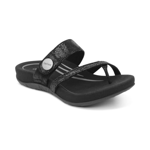 Image of Aetrex Izzy Adjustable Orthopedic Slide Sandals for Women - Pressure Relief Pain, 11.5-12, Black-sparkle