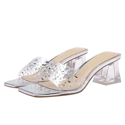 Sandales à strass transparentes bout carré talons hauts pantoufles mariage