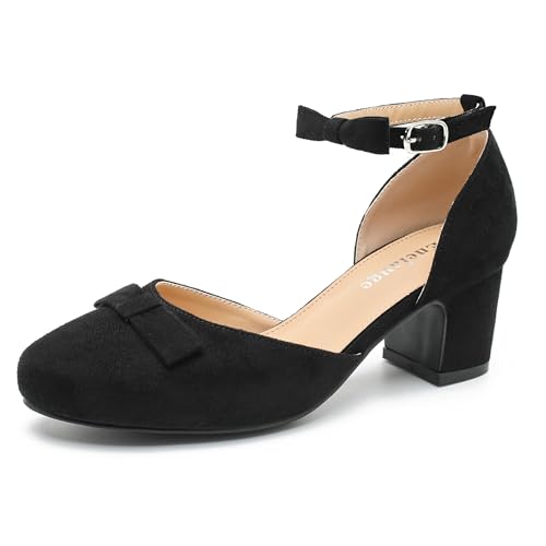 Women's Bow Closed Round Toe Ankle Strap Pumps D'Orsay Low Block Chunky Heels Elegant Wedding Bridal Party Dress Shoes