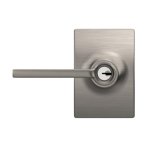 Image of SCHLAGE Latitude Keyed Entry Door Handle, Reversible, Satin Nickel | Keyed entry lever door handle with turn-button lock, Easy to install, Certified security & durability, Universal fit, 2 keys