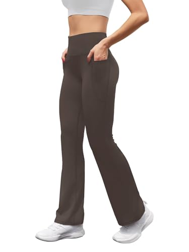 Glacspyg Damen Hose mit Taschen Yogahose Freizeit Jogginghose High Waist Sporthose Elastische Weite Bootcut Jazzpants Braun L