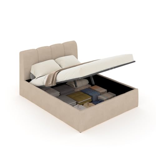 CONCEPT USINE | Lit Coffre 2 Places Baltimore 160x200 cm | Design Nuage Organique | Velours Beige Doux | Sommier à Lattes en Bois Inclus | Grand Coffre de...