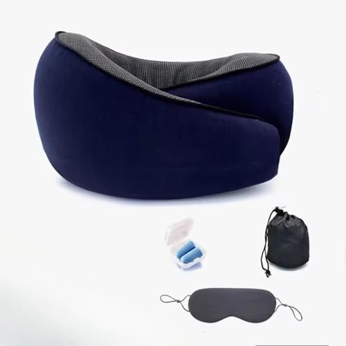 Almohada de viaje – Almohada ergonómica de espuma viscoelástica para viajes, almohada de vuelo compacta y ajustable con máscara de ojos, tapones para los oídos y bolsa de almacenamiento (azul marino)