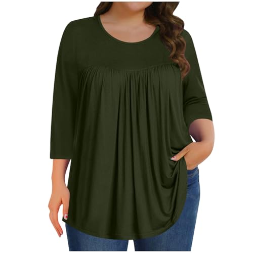 Blusas de verano para mujer, cuello redondo, manga 3/4, plisada, talla grande, para vacaciones, salir, cómoda, básica, Ejercito Verde, XL