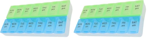 Image of 7 Day Weekly Pill AM PM Organizer, ShysTech Large Pill Case Pill Box for Pills /Vitamin /Supplements /Medication (Blue /Green) (Pack of 2)