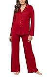 PajamaGram Naturally Nude Boyfriend Button Front Womens Pajama Sets - Sexy Pajama Set for Women - 2 Piece Sleepwear for Women Pajamas Set - Pijamas de mujer, Red Pajamas, MD