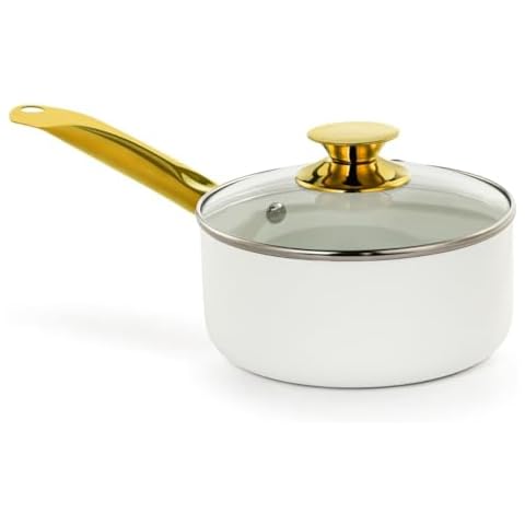 Holstein Housewares 2.5QT White Ceramic Nonstick Saucepan with Lid, Gold Color and Stainless Steel Handle, Golden Elegance Cover