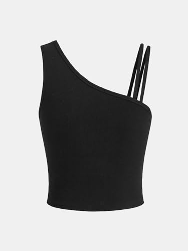 Floerns Girl's One Shoulder Knitted Solid Sleeveless Slim Fit Crop Tank Top2